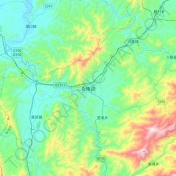 Mapa topográfico 炎陵县, altitude, relevo