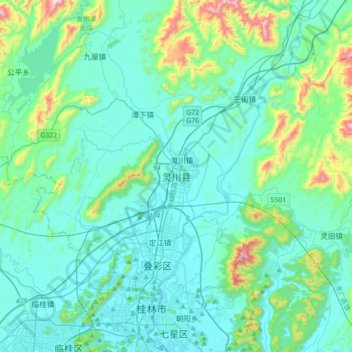 Mapa topográfico 灵川县, altitude, relevo