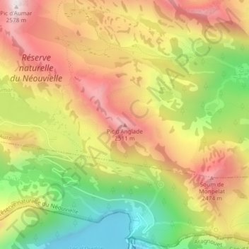 Mapa topográfico Pic d'Anglade, altitude, relevo