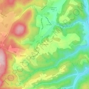 Mapa topográfico Les Travers, altitude, relevo