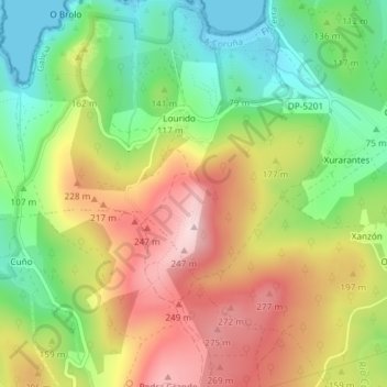 Mapa topográfico O Facho Lourido, altitude, relevo