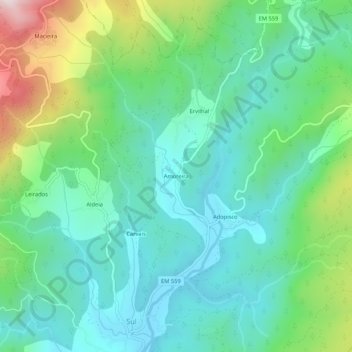 Mapa topográfico Amoreira, altitude, relevo