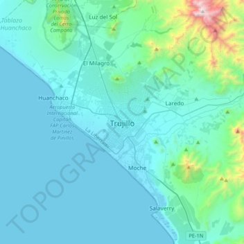 Mapa topográfico Trujillo, altitude, relevo