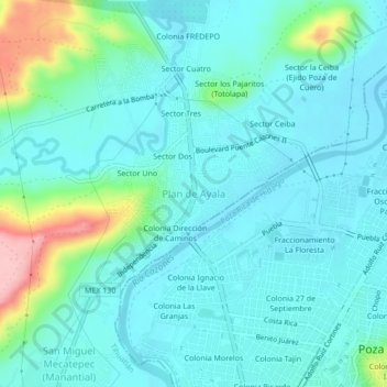 Mapa topográfico Plan de Ayala, altitude, relevo