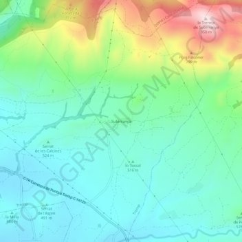 Mapa topográfico Suterranya, altitude, relevo