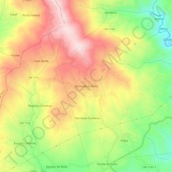 Mapa topográfico Derreada Cimeira, altitude, relevo