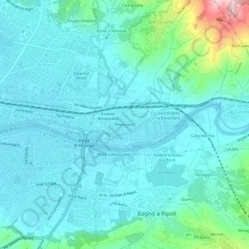Mapa topográfico Rovezzano, altitude, relevo