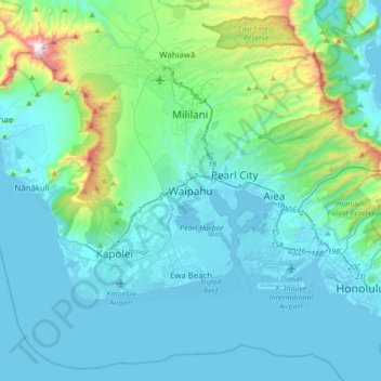 Mapa topográfico Waipahu, altitude, relevo