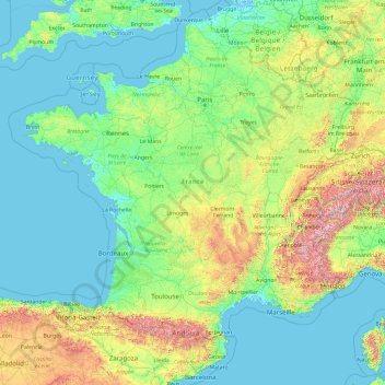 Mapa topográfico França metropolitana, altitude, relevo