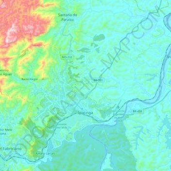 Mapa topográfico Ipatinga, altitude, relevo