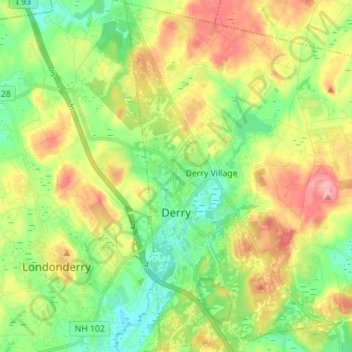 Mapa topográfico Derry, altitude, relevo