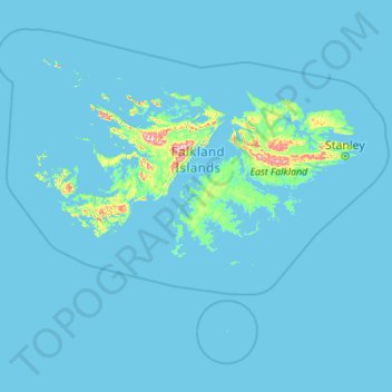 Mapa topográfico Ilhas Malvinas, altitude, relevo