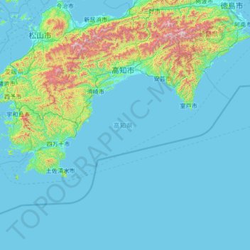 Mapa topográfico 高知県, altitude, relevo