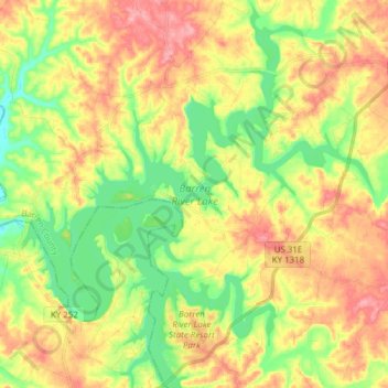 Mapa topográfico Barren River Lake, altitude, relevo