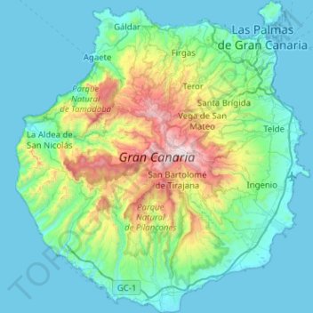 Mapa topográfico Gran Canaria, altitude, relevo