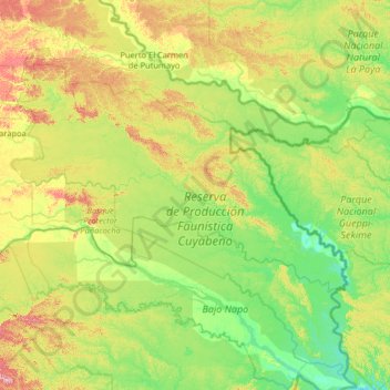Mapa topográfico Cuyabeno, altitude, relevo