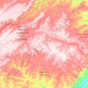 Mapa topográfico Bonito de Minas, altitude, relevo