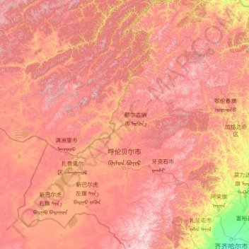 Mapa topográfico 呼伦贝尔市, altitude, relevo