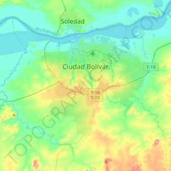 Mapa topográfico Ciudad Bolívar, altitude, relevo