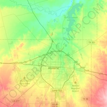 Mapa topográfico Abilene, altitude, relevo