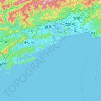 Mapa topográfico Kōchi, altitude, relevo
