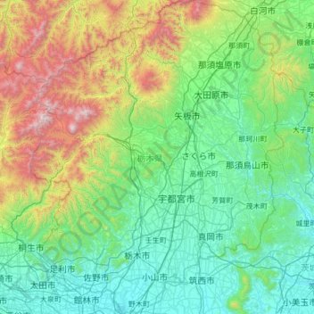 Mapa topográfico 栃木県, altitude, relevo