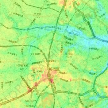 Mapa topográfico Shinjuku, altitude, relevo