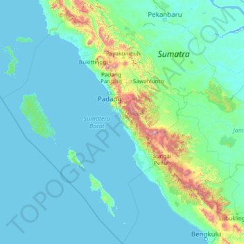 Mapa topográfico Sumatra Ocidental, altitude, relevo