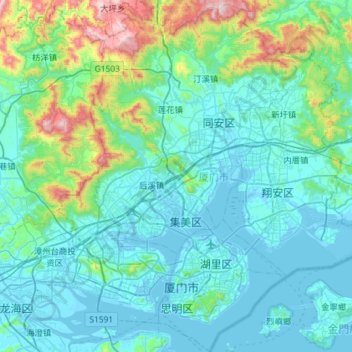 Mapa topográfico Xiamen City, altitude, relevo
