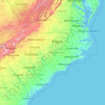 Mapa topográfico Carolina do Norte, altitude, relevo