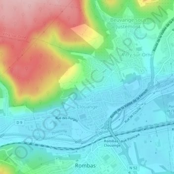 Mapa topográfico Clouange, altitude, relevo