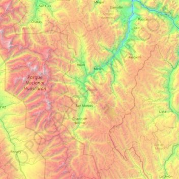 Mapa topográfico Provincia de Huari, altitude, relevo