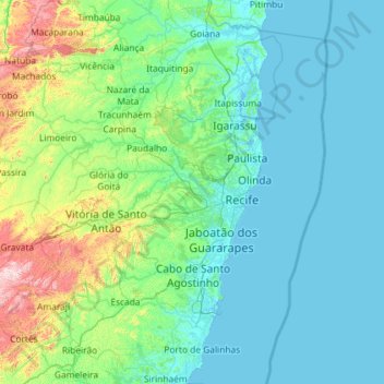 Mapa topográfico Região Metropolitana de Recife, altitude, relevo