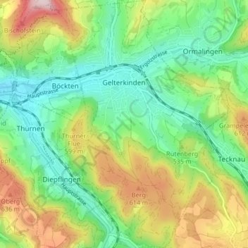Mapa topográfico Gelterkinden, altitude, relevo