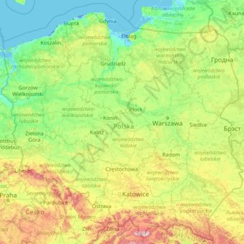 Mapa topográfico Polónia, altitude, relevo