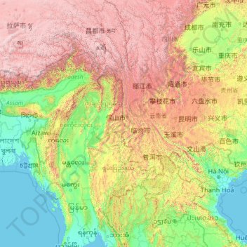 Mapa topográfico 怒江, altitude, relevo