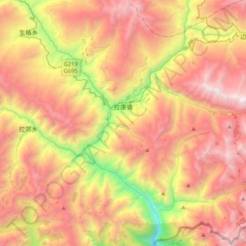 Mapa topográfico 拉康镇, altitude, relevo
