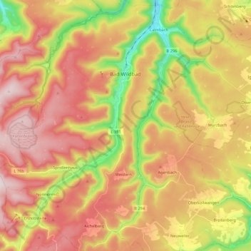 Mapa topográfico Bad Wildbad, altitude, relevo
