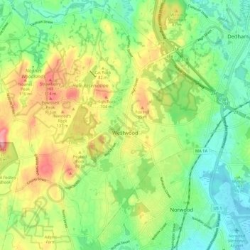 Mapa topográfico Westwood, altitude, relevo