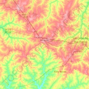 Mapa topográfico Mirassol, altitude, relevo