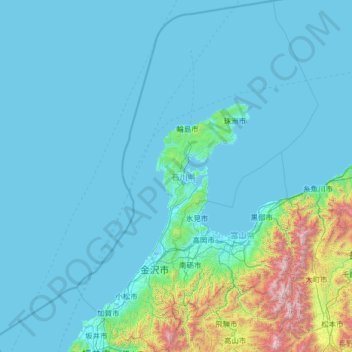 Mapa topográfico 石川県, altitude, relevo