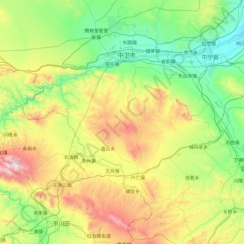 Mapa topográfico 沙坡头区, altitude, relevo