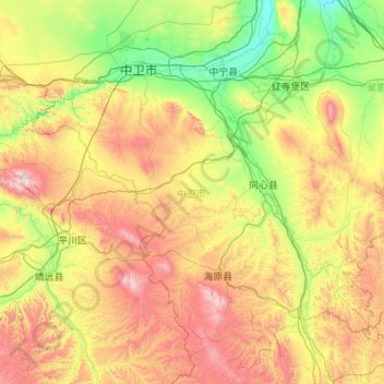 Mapa topográfico 中卫市, altitude, relevo