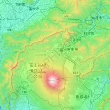 Mapa topográfico 南都留郡, altitude, relevo