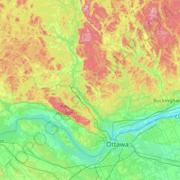 Mapa topográfico Les Collines-de-l'Outaouais, altitude, relevo