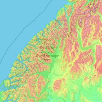 Mapa topográfico Fiordland Community, altitude, relevo