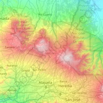 Mapa topográfico Cantón Alajuela, altitude, relevo