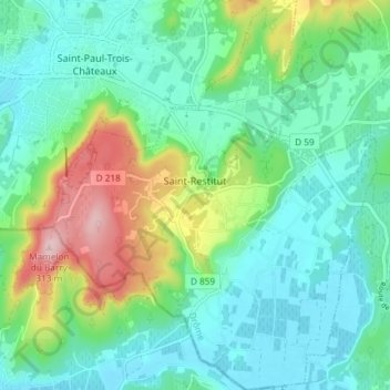 Mapa topográfico Saint-Restitut, altitude, relevo