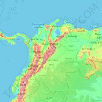 Mapa topográfico Colômbia, altitude, relevo