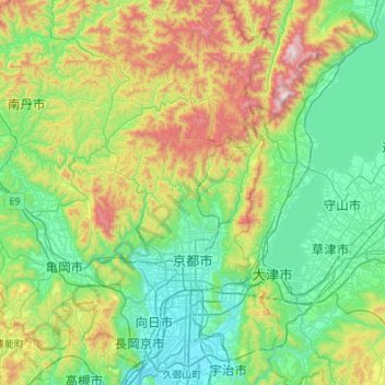 Mapa topográfico Quioto, altitude, relevo